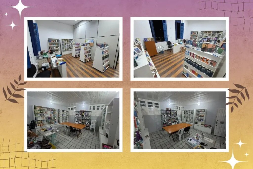 Livraria espírita da FEJA com estantes de livros organizadas e mesa de estudo