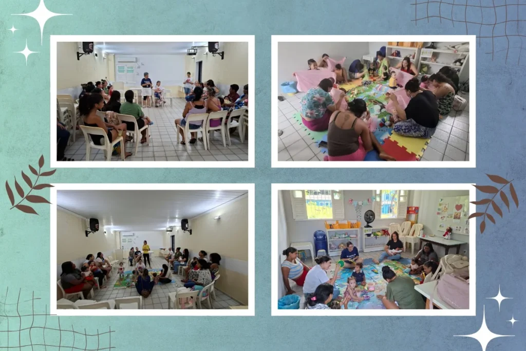 Mosaico com quatro fotos registrando os trabalhos assistenciais da FEJA com grupos de gestantes, mães e crianças