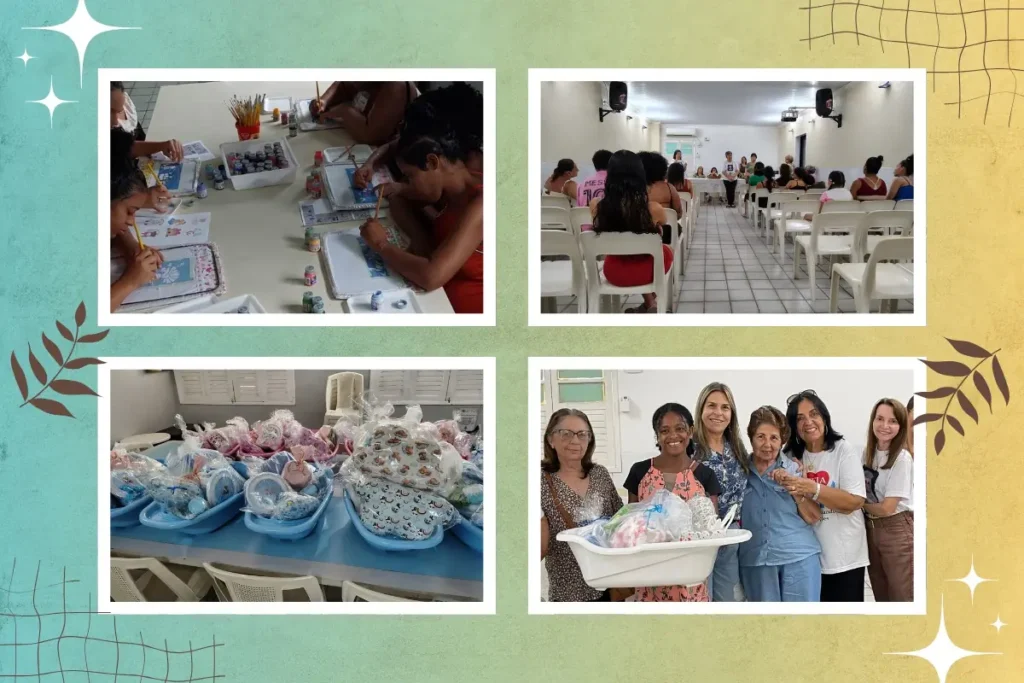 Voluntárias da FEJA pintando enxovais de bebê durante ação assistencial