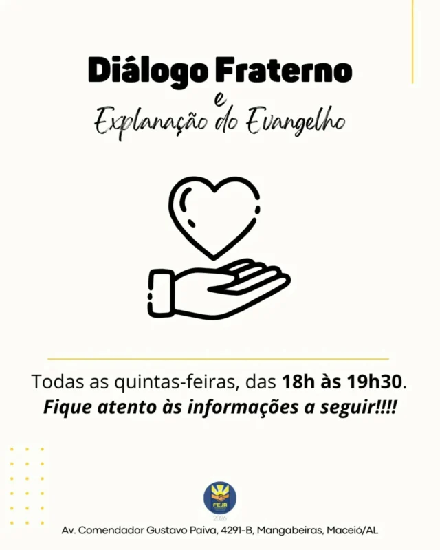 DIÁLOGO FRATERNO • 18h às 19h30. O Atendimento é PRESENCIAL, por ordem de chegada, todas as quintas-feiras, no casarão do Lar São Domingos. 
✅ Das 19h às 19h30, acontece também a Explanação do Evangelho do Tratamento Espiritual, no auditório do Lar São Domingos. • 📗 Tema de hoje: Qualidade da Prece • 📕 Leitura de preparação: Livro Pão Nosso, item 108 "Oração" • 📘 Leitura do Evangelho Segundo o Espiritismo: Cap. XXVII, itens 1 a 4
🌱 Leve consigo seu copo ou garrafa para beber água. 💖 Temos Atendimento Fraterno também às terças. Qualquer dúvida, consulte-nos.