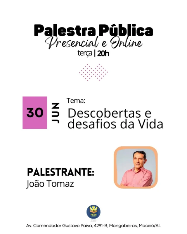 🎤 PALESTRA PÚBLICA • 30/06 • 20h • Presencial e Online • no auditório do Lar São Domingos • Palestrante: João Tomaz • Tema: Descobertas e desafios da Vida
Transmissão: 🎥 FEJA: Youtube 🔴 LINK NA BIO 🔴 + Sistema Deus Conosco de Comunicação (site/webradio) 
🌱 Leve consigo seu copo ou garrafa para beber água. 🫂 Temos Atendimento Fraterno das 19h às 20h. 🛗 Temos acesso com elevador para idosos e pessoas com dificuldades motoras. Qualquer dúvida, consulte-nos.