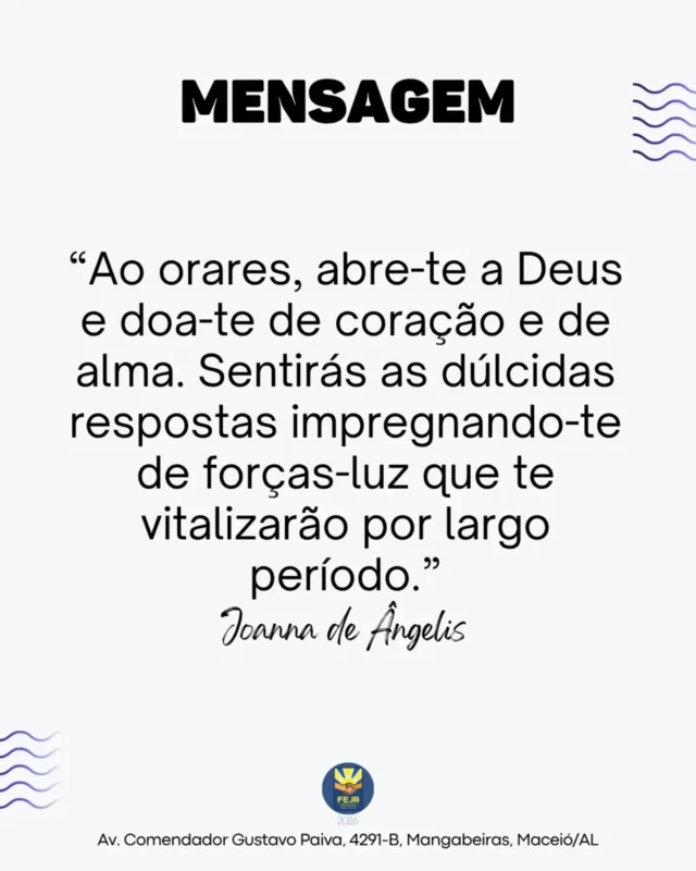 “Ao orares, abre-te a Deus e doa-te de coração e de alma. Sentirás as dúlcidas respostas impregnando-te de forças-luz que te vitalizarão por largo período.”
Joanna de Ângelis • Médium: Divaldo Franco • Livro: Desperte e Seja Feliz
#fraternidadeespiritajoannadeangelis #joannadeangelis #divaldofranco #feja40anos #espiritismo