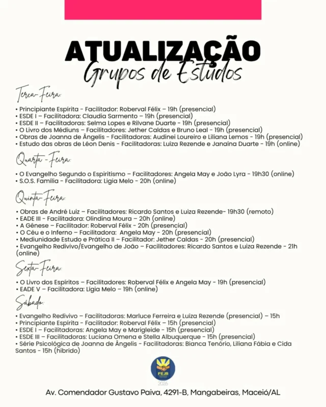 📚 Confira a lista completa dos estudos ativos hoje na FEJA e o formato de cada um! 👆🏽