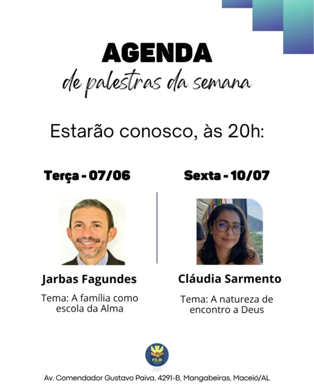 ❇️ Palestras Públicas dessa semana na FEJA:
🌟 Terça • 07/07 • 20h • Presencial e Online: Jarbas Fagundes com o tema 'A família como escola da Alma' 
🌟 Sexta • 10/07 • 20h • Presencial e Online: Cláudia Sarmento com o tema 'A natureza de encontro a Deus' 
⛈️ Durante o período de chuvas, as palestras de sexta, assim como as de terça, acontecem no casarão do Lar São Domingos. Esperamos você! 💙