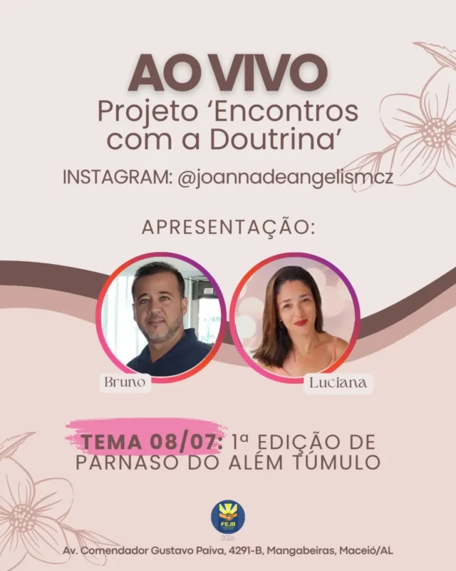 Marque na agenda: QUARTA (08/07), o nosso compromisso é com a live 'Encontros com a Doutrina', projeto idealizado e apresentado pela Área da Comunicação Social Espírita da FEJA: 📲 30 minutos, aqui pelo instagram @joannadeangelismcz. Começamos às 19h30. 🫰🏽 Contamos com a sua presença!